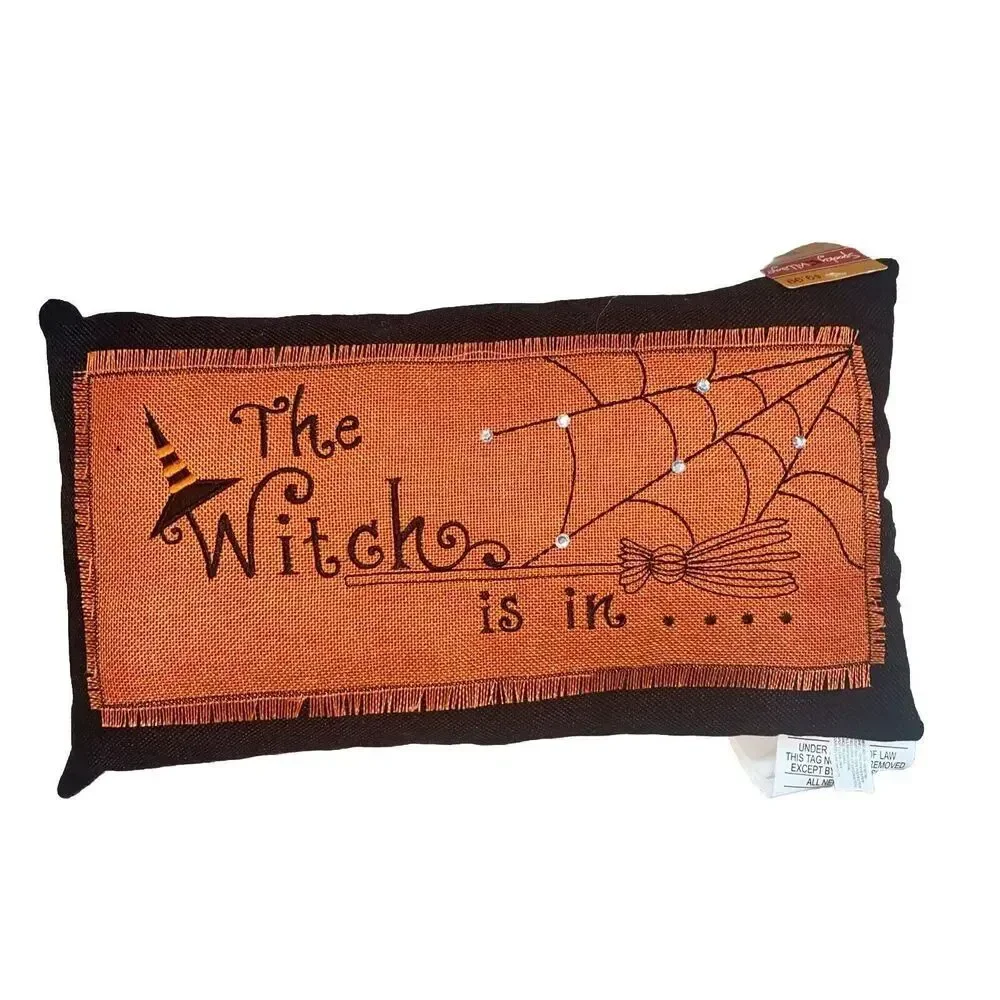 Canvas Glam “The Witch Is In” Pumpkin Witch Pillow Halloween Decor Orange